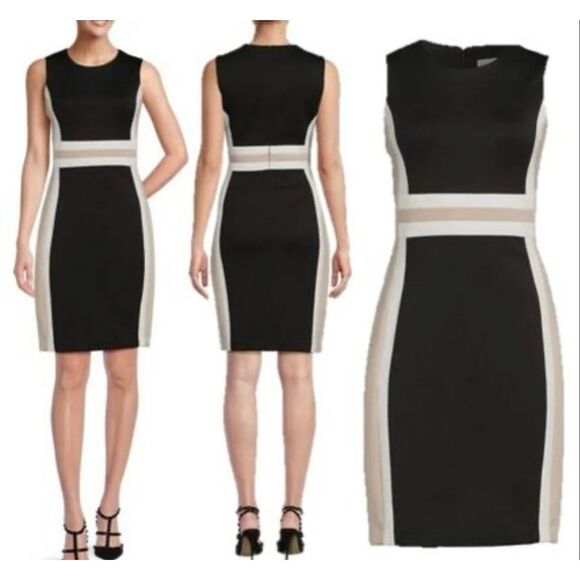 Calvin Klein SZ 4 Black White Beige Scuba Knit Color-Block Sheath Dress - Picture 1 of 11
